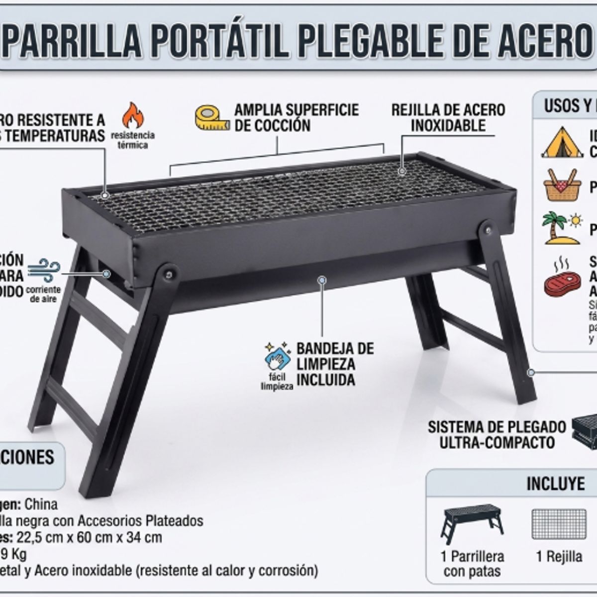 IRM - Parrilla BBQ Carbon Portatil Plegable TL-353 Acero Asado Camping Jardin Playa Hogar Exterior
