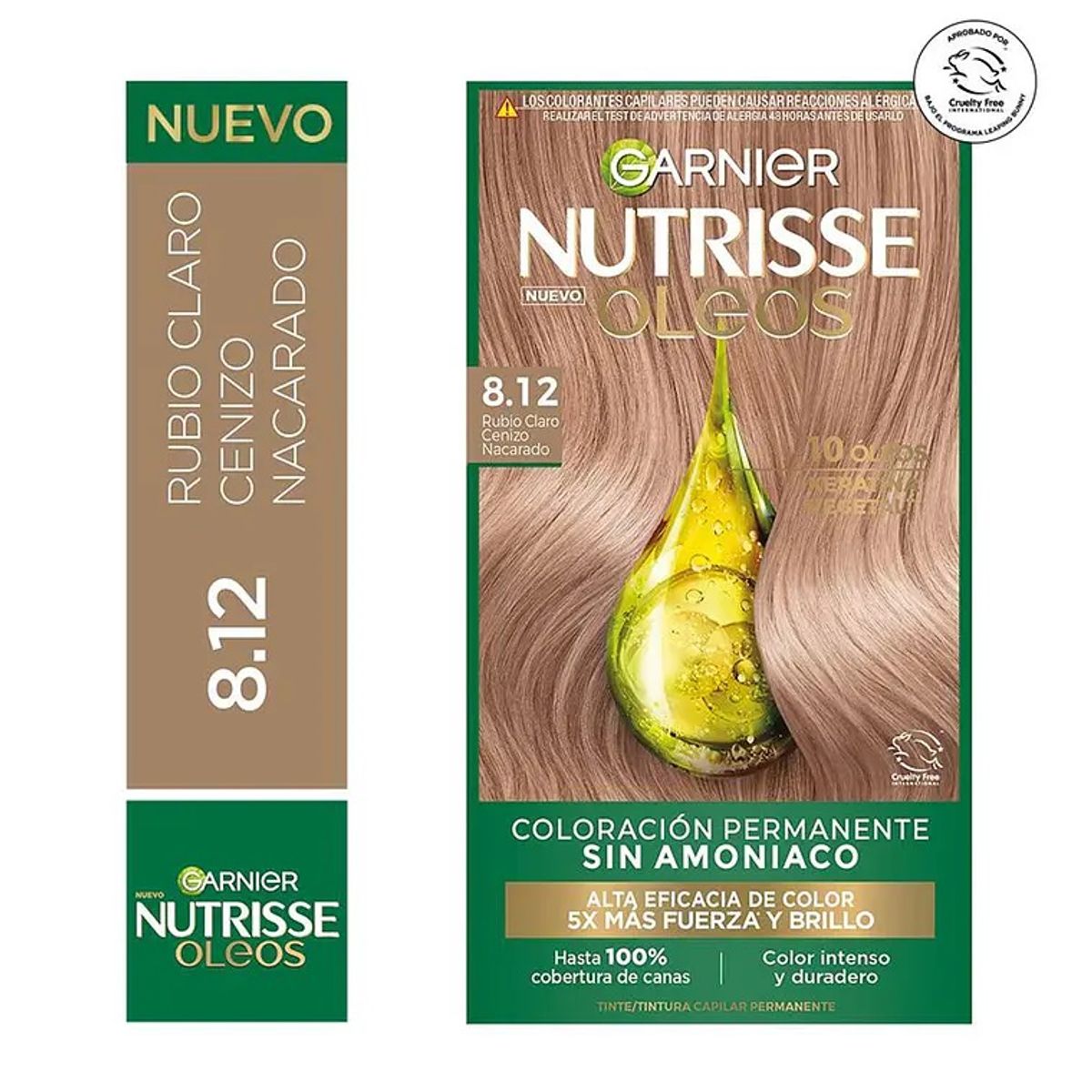 GARNIER - Tintura de Cabello Nutrisse Oleos Rubio Claro Cenizo Nacarado 8.12 Sin Amoníaco - GARNIER