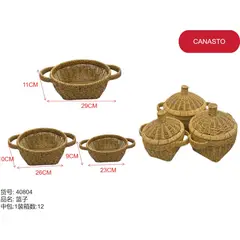 GENERICO - Set 3 canastos redondos con asas y tapa tejido marrón 40804