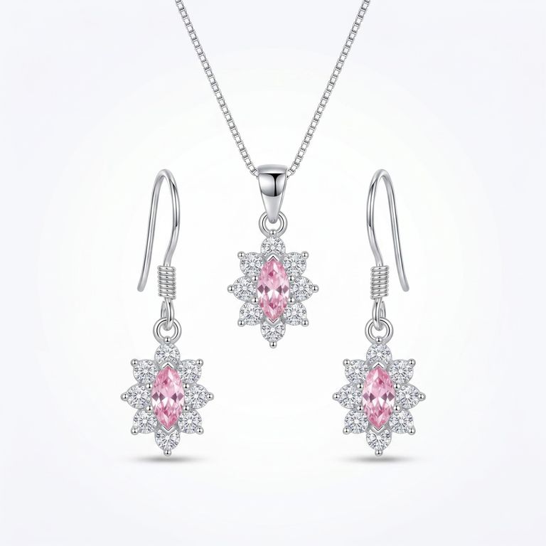 Conjunto Collar y Aros Lady Circon Plata Ley 925 Rosa TALLA UNICA