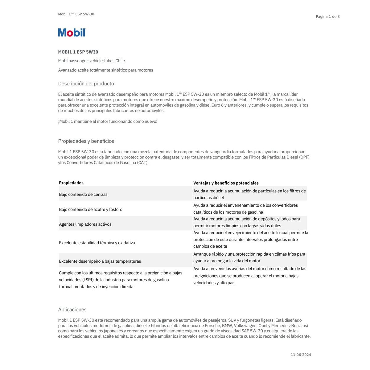 MOBIL - Lubricante Motor Sintetico 5w30 Mobil1 ESP 4 Lts.