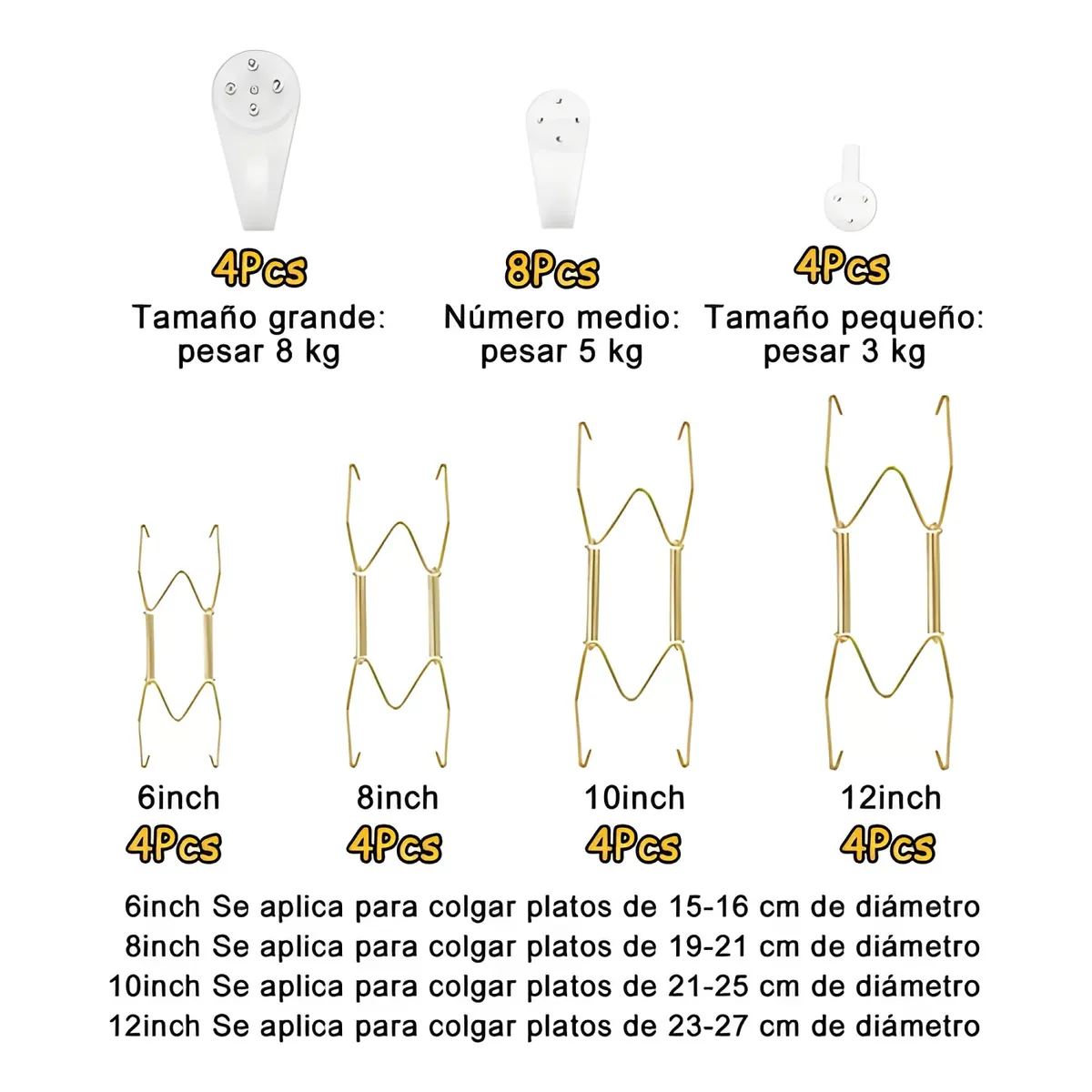 GENERICO - Kit 16 colgadores de platos dorado inoxidable acero