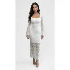 HAMI BOUTIQUE - Vestido Largo de Encaje Blanco con Mangas Acampanadas y Abertura Lateral