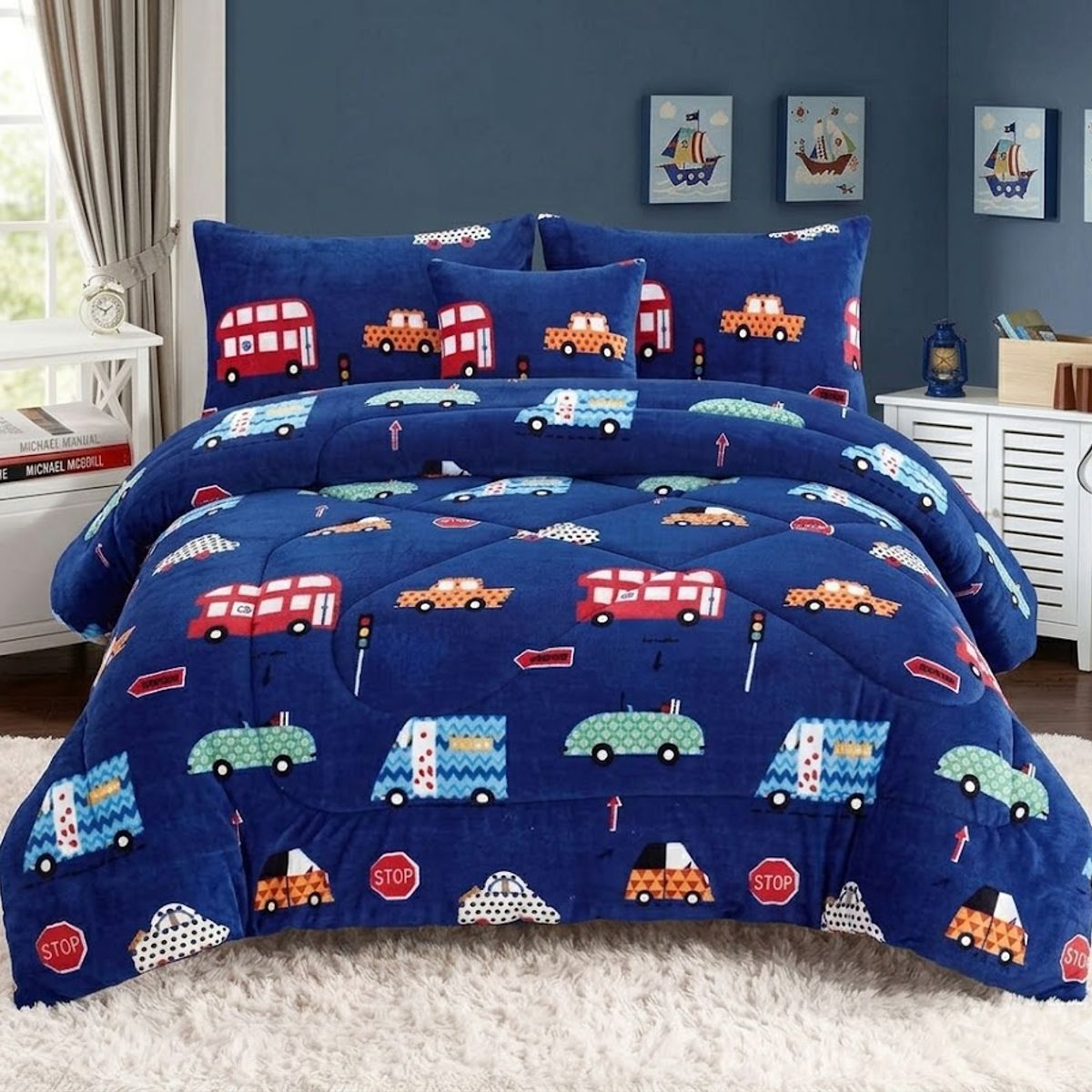 GENERICO - PLUMON PLUSH CON CHIPORRO DISEÑO INFANTIL DE NIÑO AZUL AUTOS CARRITOS RSS