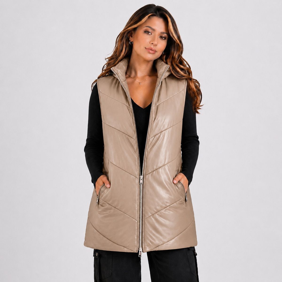 DOBLE V - Chaqueta Sin Mangas Puffer Larga Ecocuero Premium