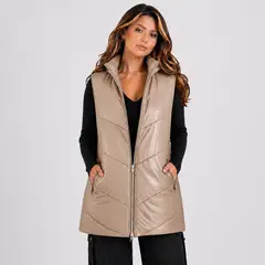 DOBLE V - Chaqueta Sin Mangas Puffer Larga Ecocuero Premium