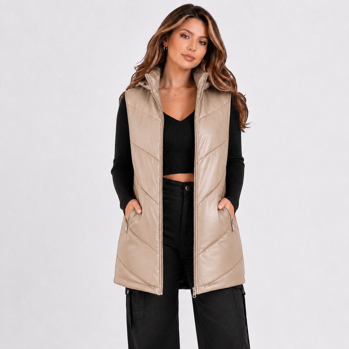 DOBLE V - Chaqueta Sin Mangas Puffer Larga Ecocuero Premium