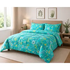 KEYHOME - CUBRECAMA PLUMON ESTAMPADO FLORES TURQUESA KEY HOME 2 PLAZAS