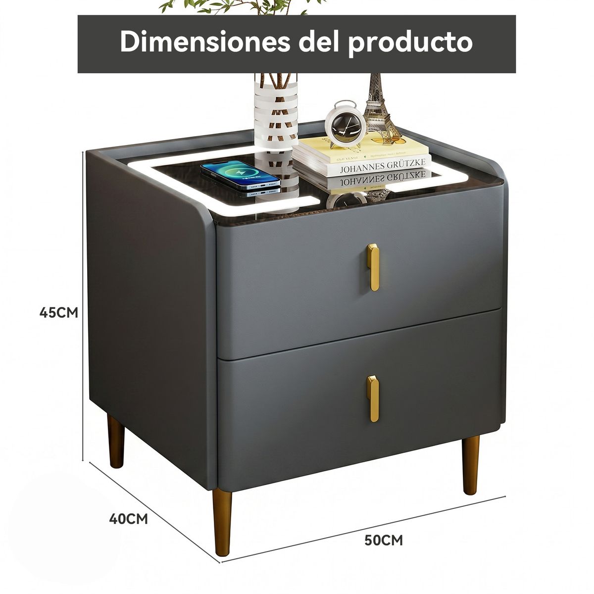 ROHE - Velador Inteligente con Carga Inalámbrica 2 Cajones 50x40x45cm Gris