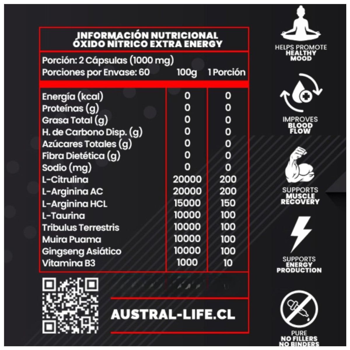 GENERICO - Pack 2 Óxido Nítrico 120 Cápsulas - Austral Life