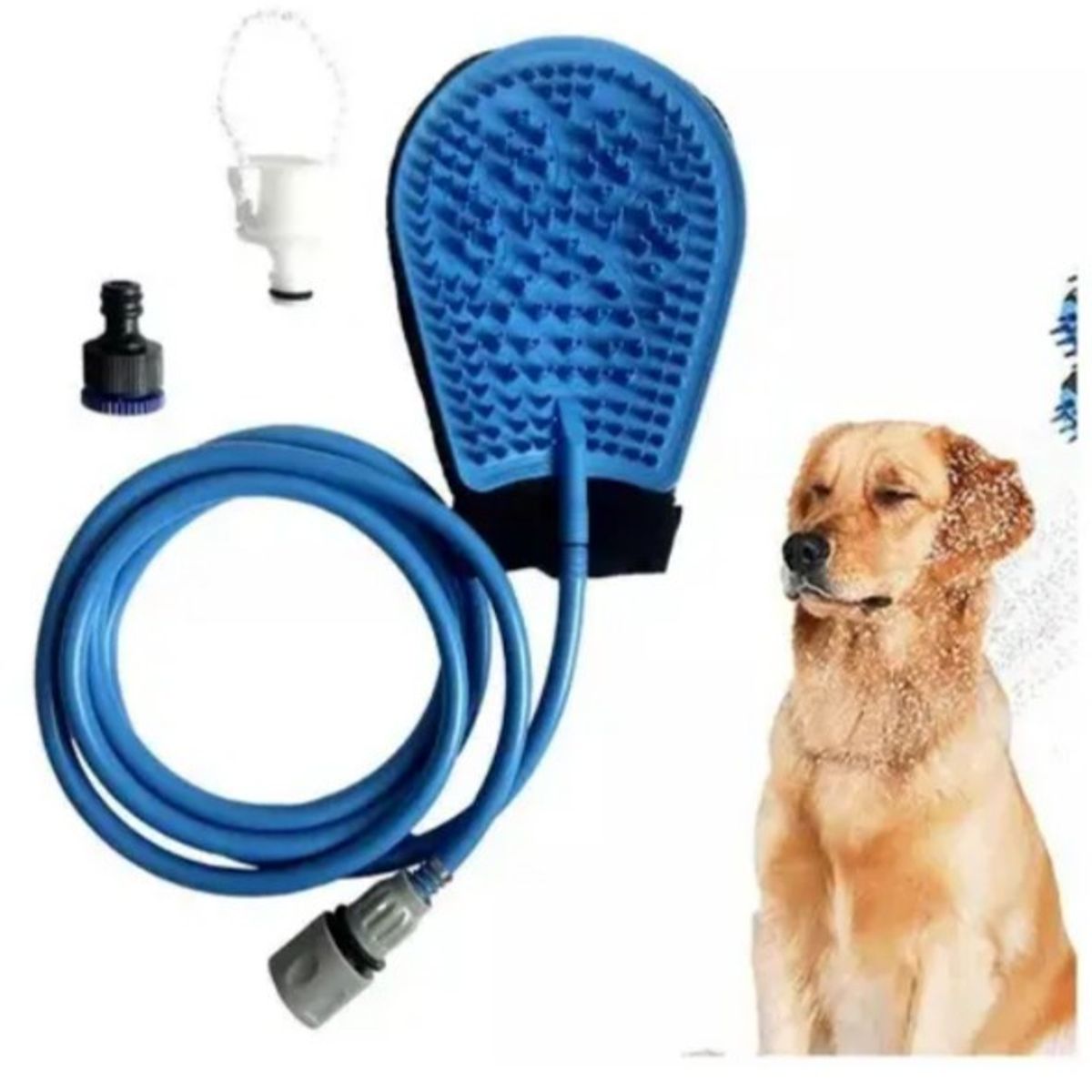 OEM - GUANTE DUCHA MASAJEADOR PERROS 2 EN 1 MASCOTAS MANGUERA AZUL