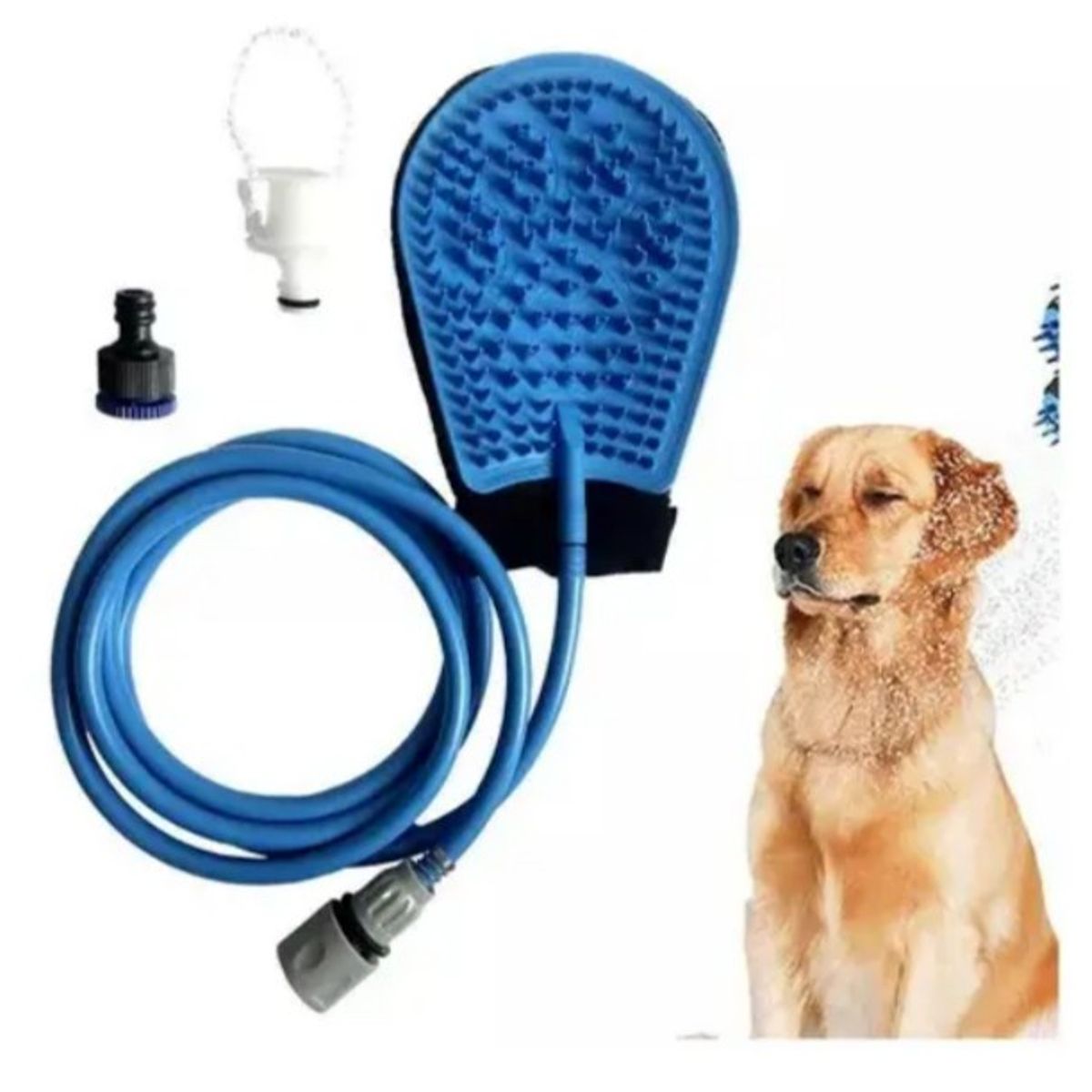 OEM - GUANTE DUCHA MASAJEADOR PERROS 2 EN 1 MASCOTAS MANGUERA AZUL