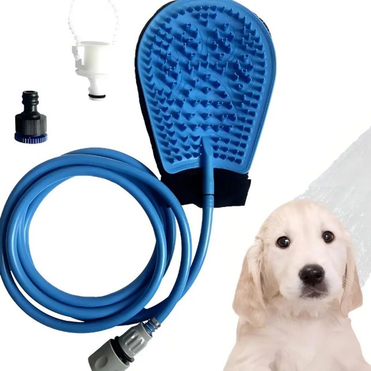 OEM - GUANTE DUCHA MASAJEADOR PERROS 2 EN 1 MASCOTAS MANGUERA AZUL
