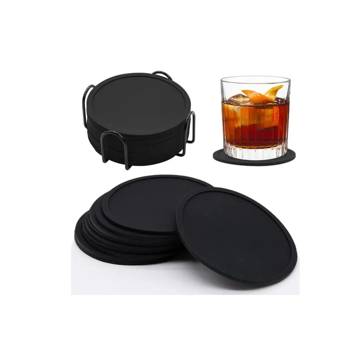 GENERICO - Posavasos De Silicona Para Mesa Casa Love - Set 8 Lisa Negro