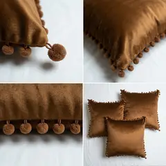ARMONIA - Pack 3 Fundas Terciopelo Pompon cafe 45x45 Modelo 088
