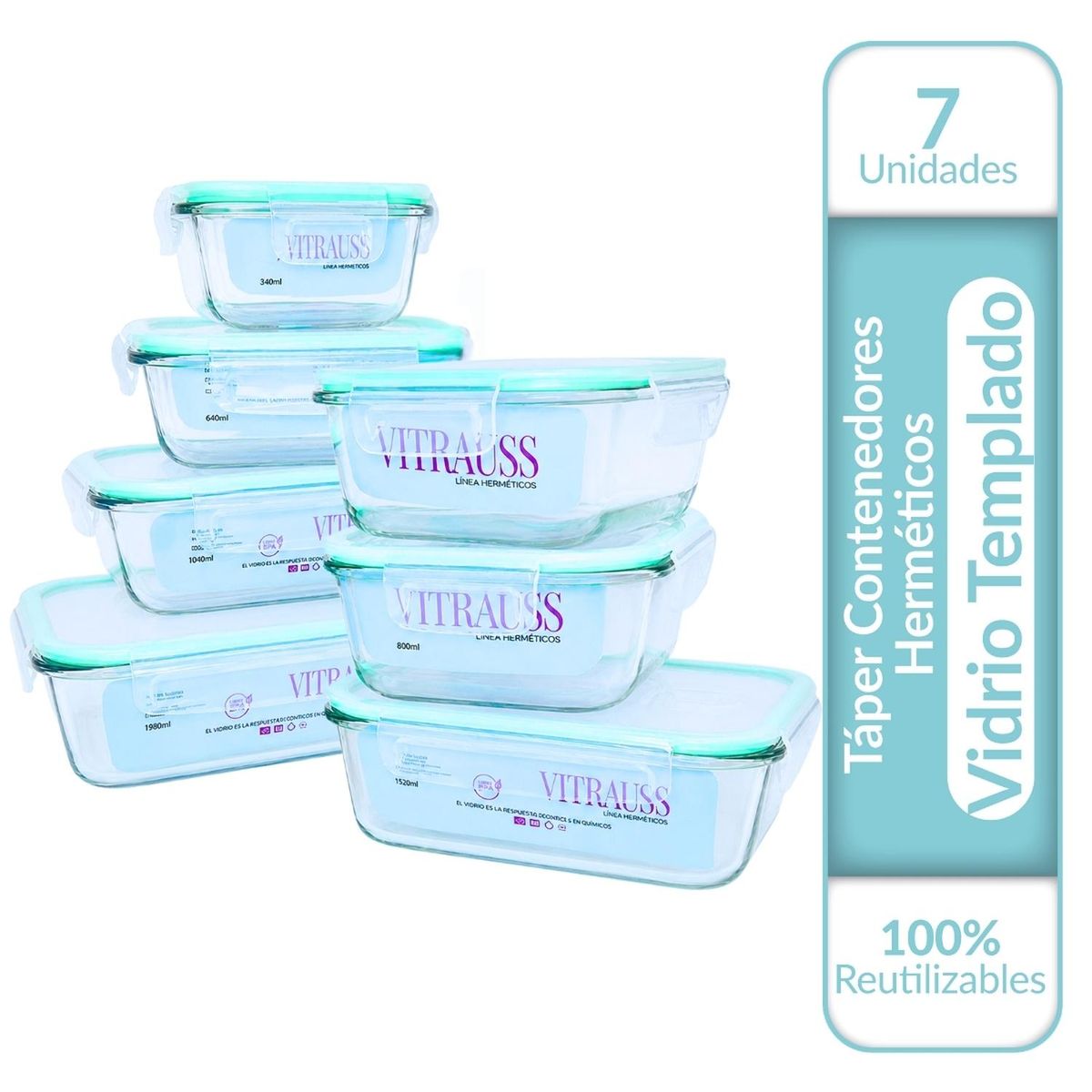 GENERICO - 7 Taper Contenedores Herméticos Vidrio Templado Vitrauss
