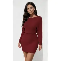 HAMI BOUTIQUE - Vestido de Invierno Lana Trenzada Burdeo con Cuello