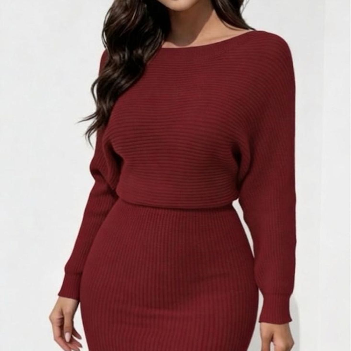 HAMI BOUTIQUE - Vestido de Invierno Lana Trenzada Burdeo con Cuello