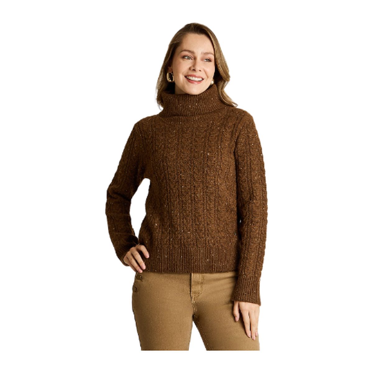 LORENZO DI PONTTI - Sweater Café con Cuello Alto y Trenzado Jaspeado en Tejido