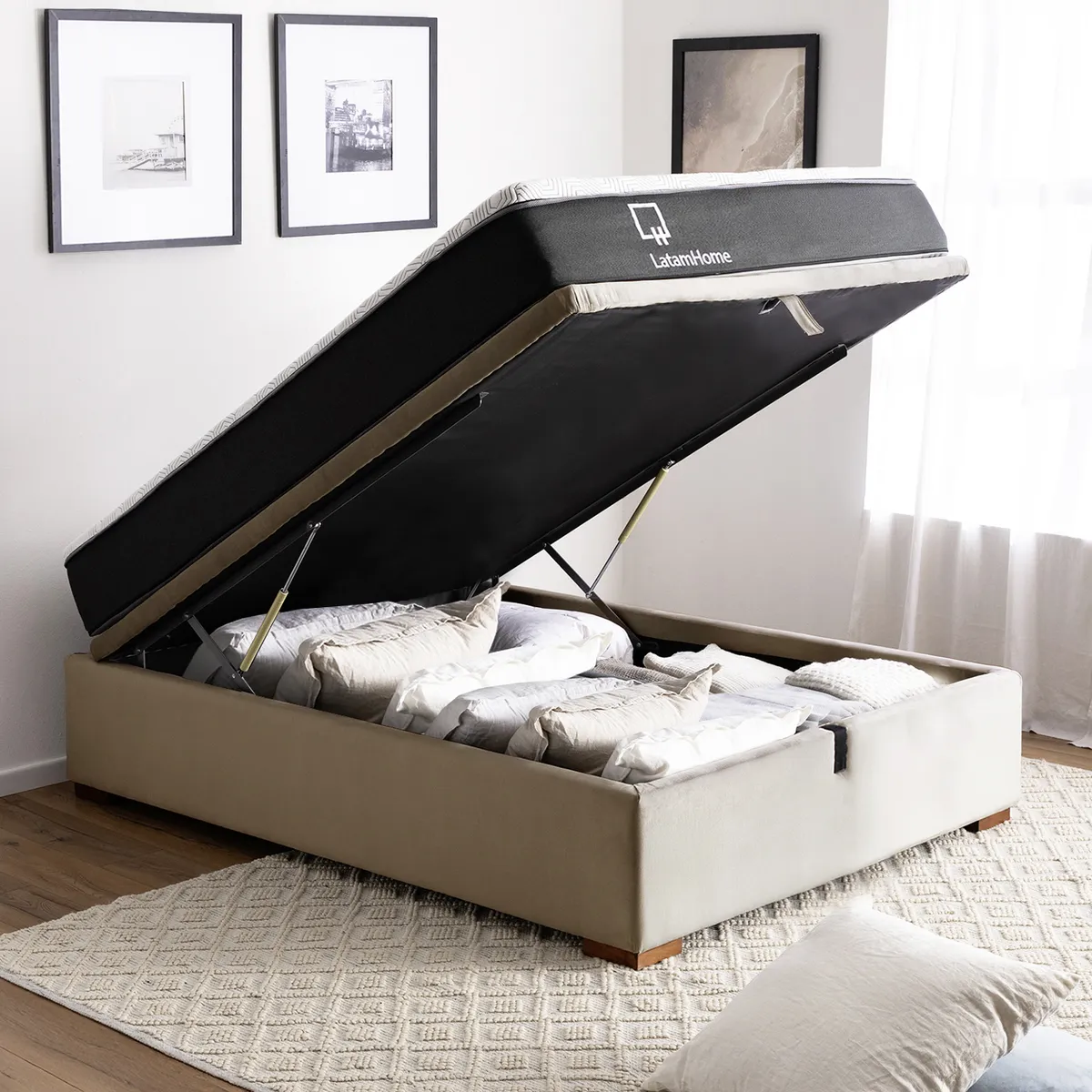 LATAM HOME - Cama Funcional Boxet 1 1/2 Plaza Colchon Resortes New Top Funda Lavable Tela Beige