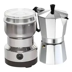 GENERICO - Moledor Eléctrico De Café + Cafetera Italiana Greca 3 Tazas Color Gris BELUG