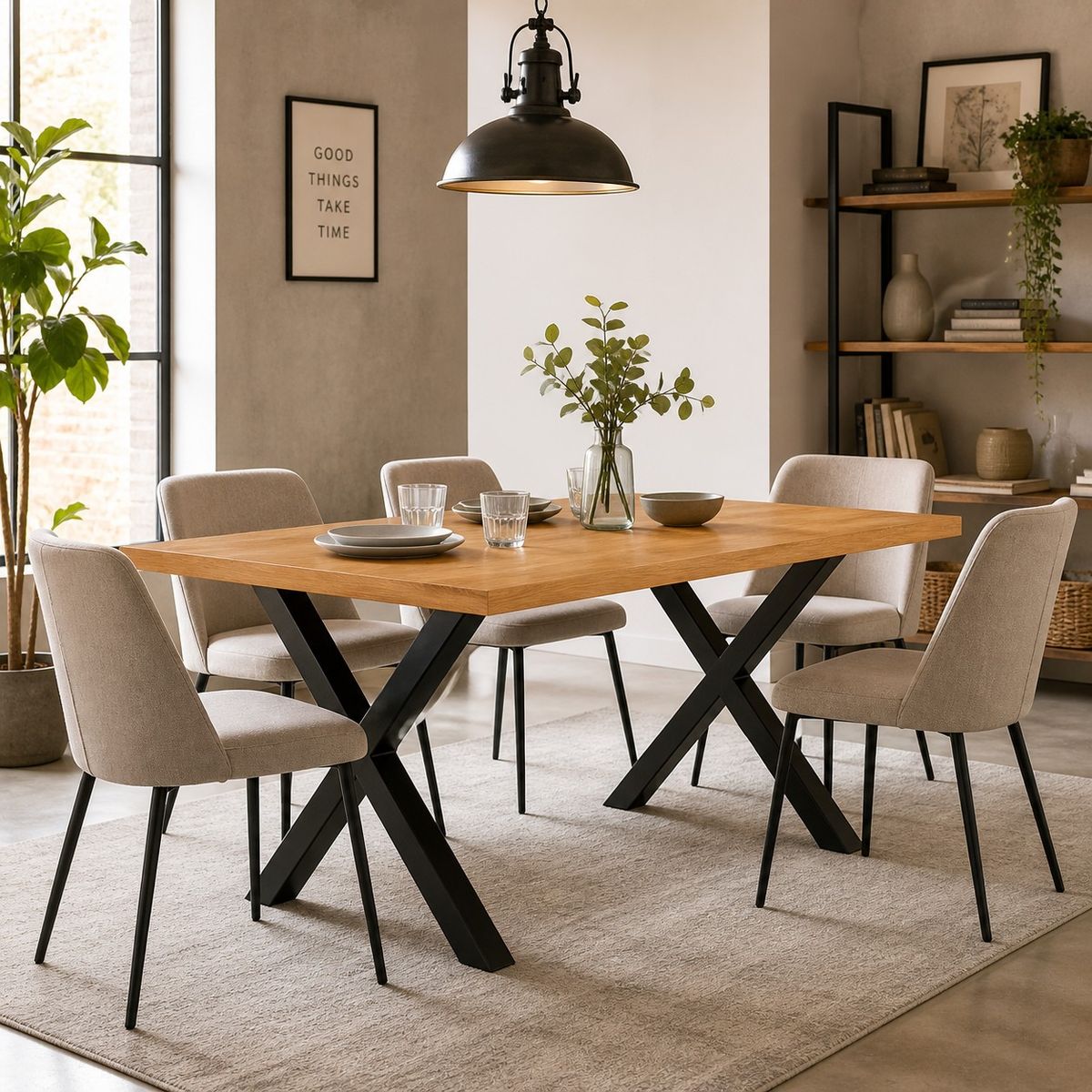 SPACE HOME - Mesa de Comedor Urban Forge 140x90 Resistente y Duradera Color Madera con Metal Negro