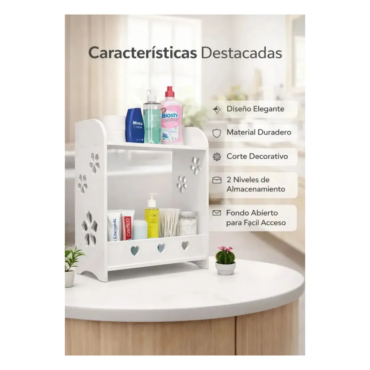 GENERICO - Estante Organizador Multiuso para Baño o Escritorio - 2 Niveles con Diseño Calado