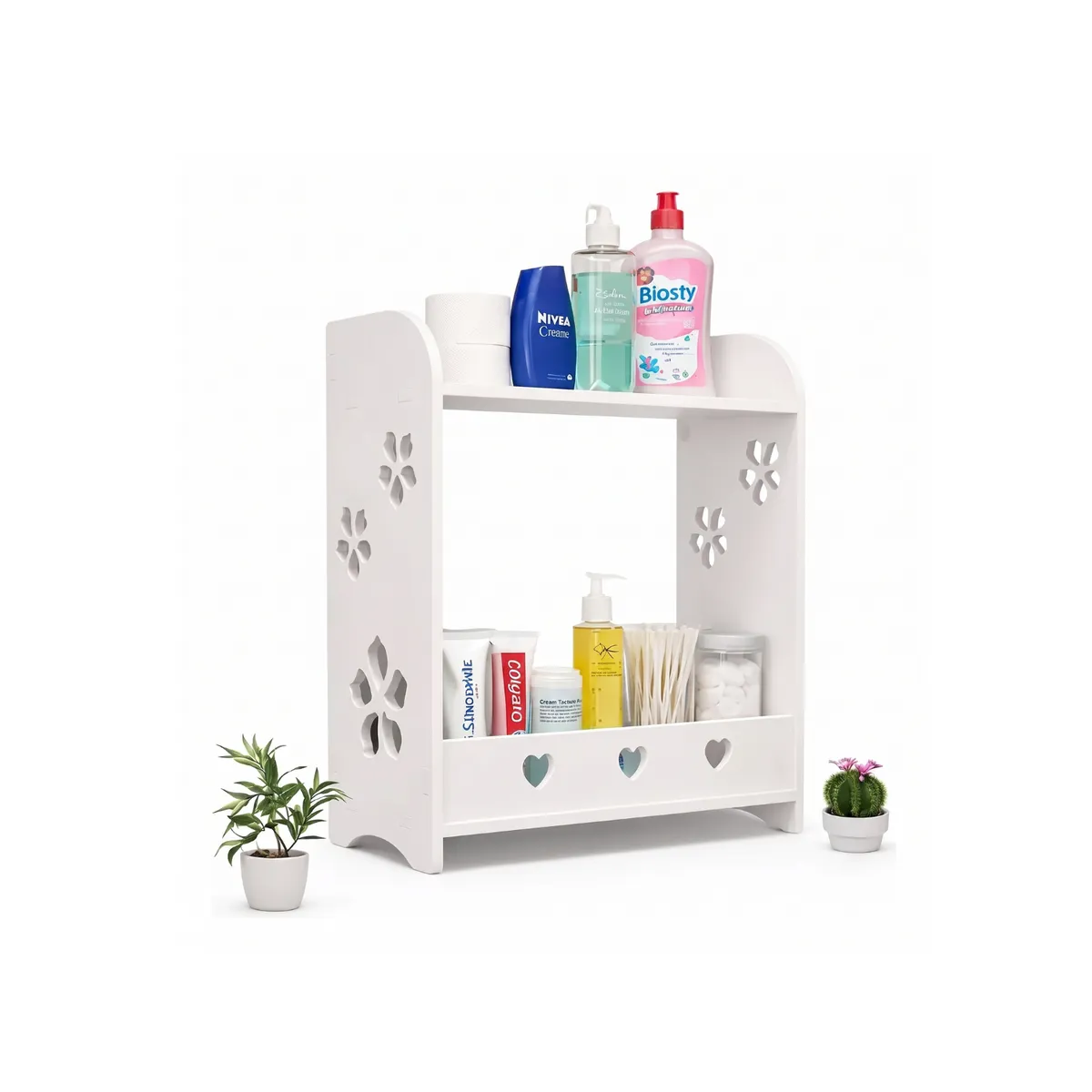 GENERICO - Estante Organizador Multiuso para Baño o Escritorio - 2 Niveles con Diseño Calado