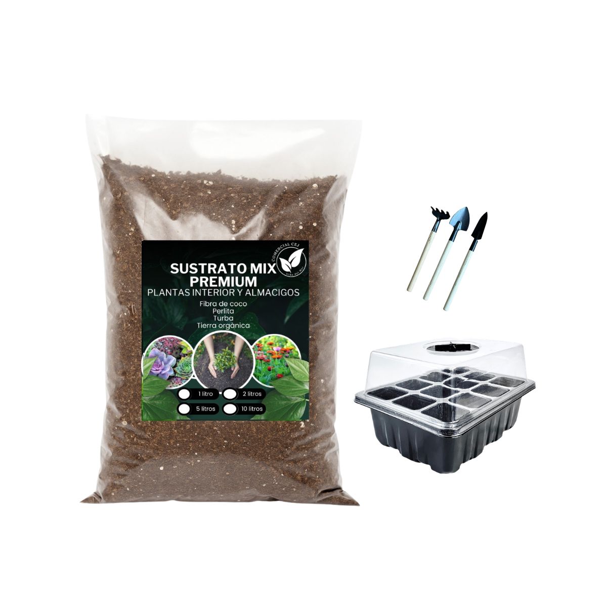 GENERICO - Kit Germinacion: Mini invernadero + Set de Herramienta + Sustrato Mix 10 Lts