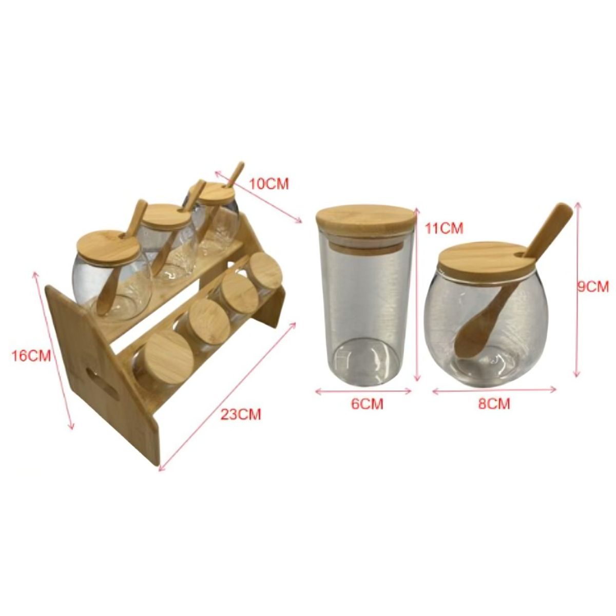 GENERICO - Set Condimentero de Vidrio con Base de Madera y Cucharas