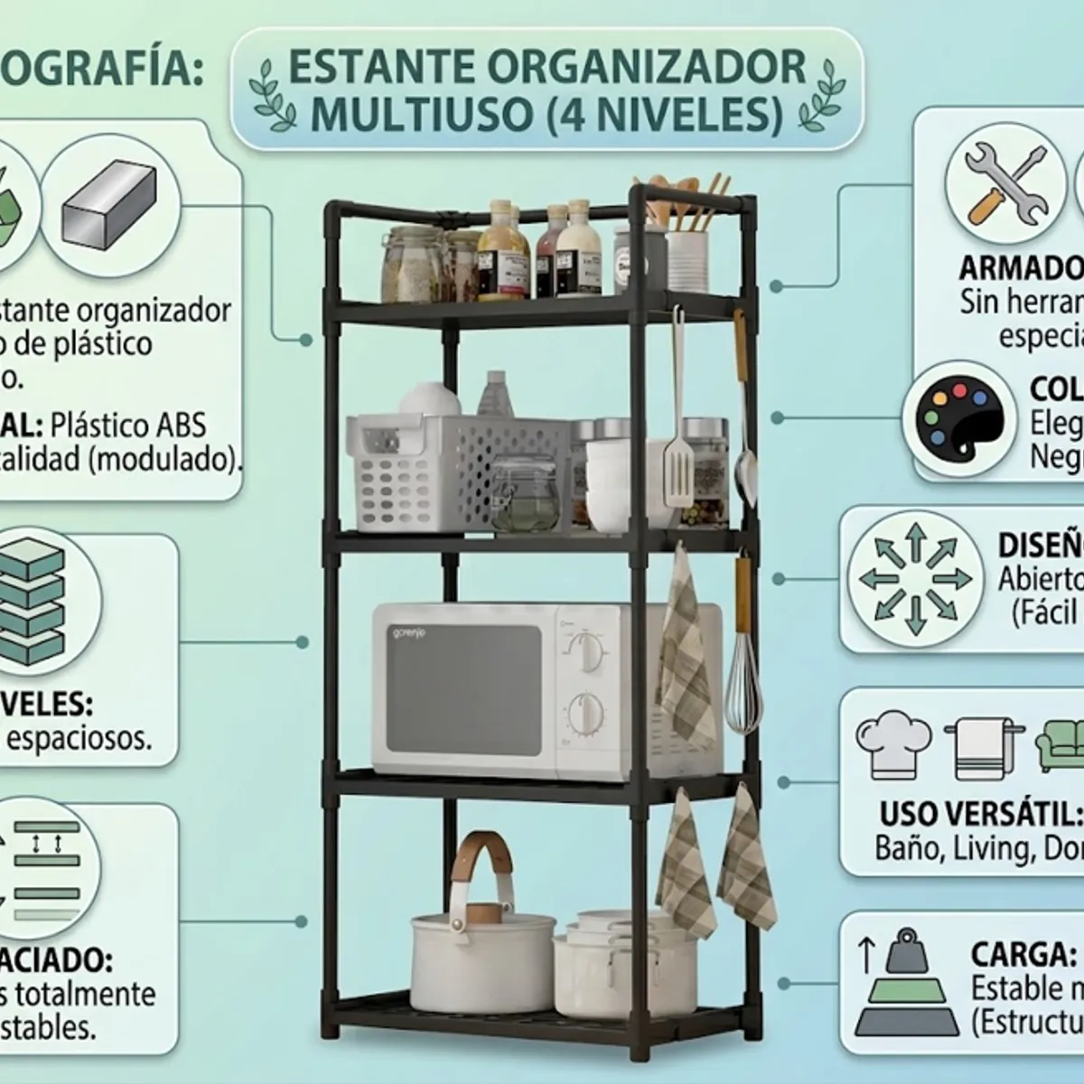 IRM - Estante Organizador Multiuso 5 Niveles Metal Cocina Bano Living Ajustable Almacenamiento Hogar
