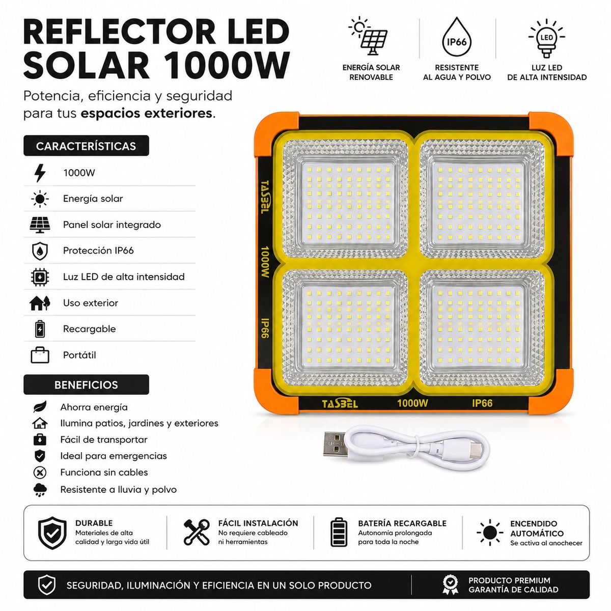 DOPA - Lámpara Foco Solar De 1000w Emergencia Led Con Cargador Sola