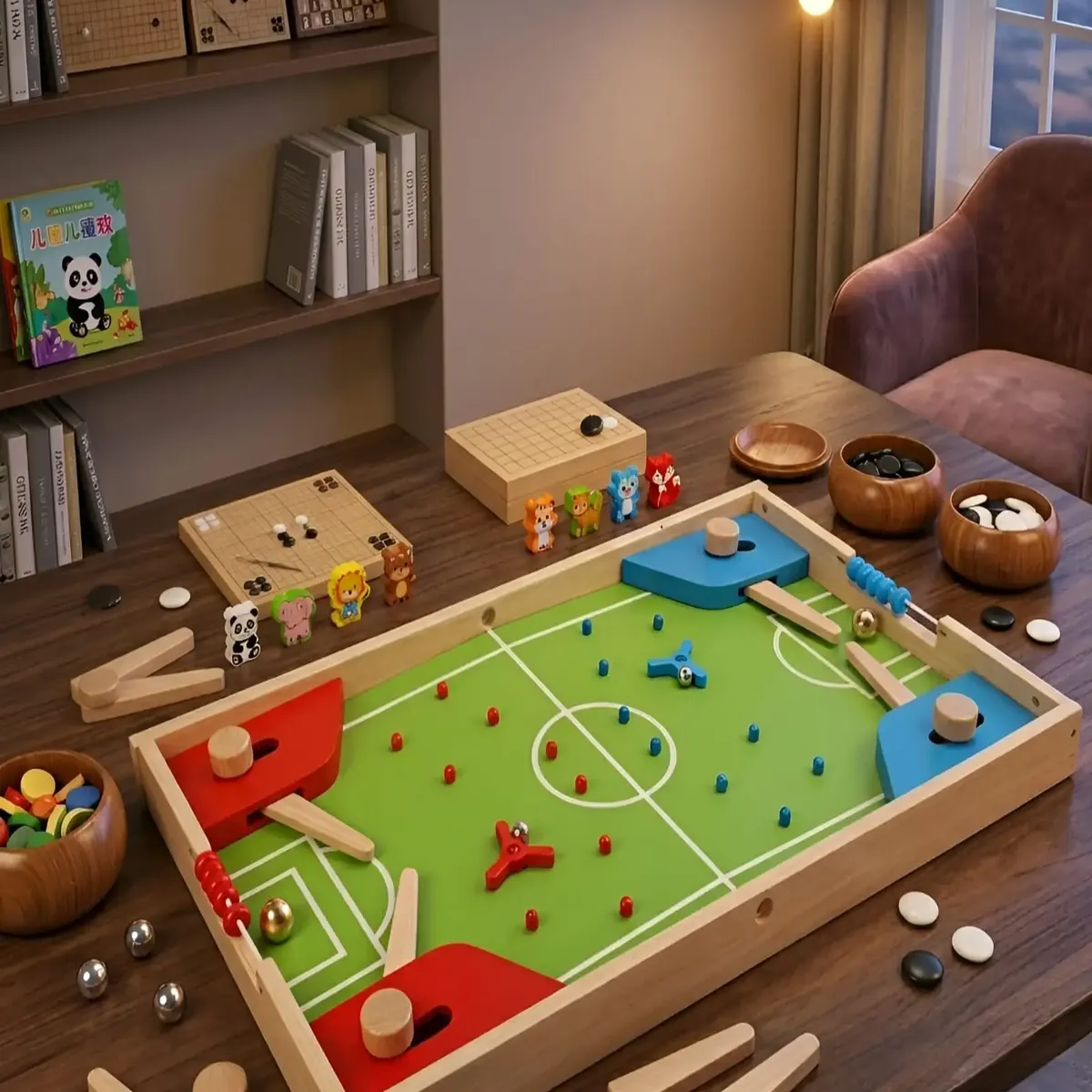 GENERICO - Centro de Juegos de Madera 4 en 1 - Fútbol Pinball, Ludo y Juegos de Estrategia