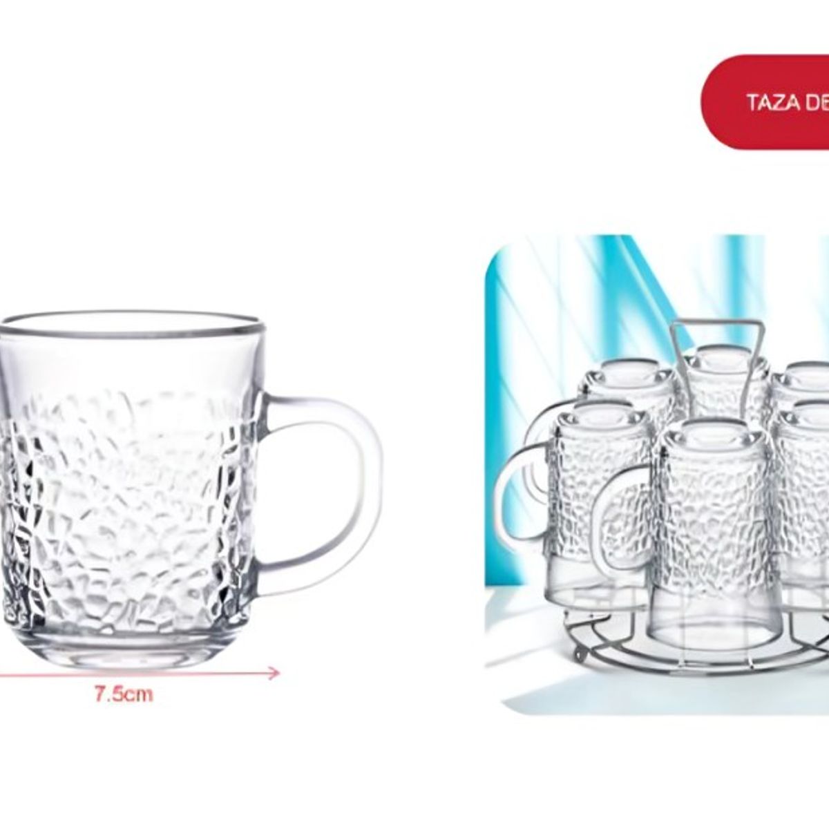 GENERICO - Set 6 Taza de Vidrio Texturizada con Asa para Café o Té