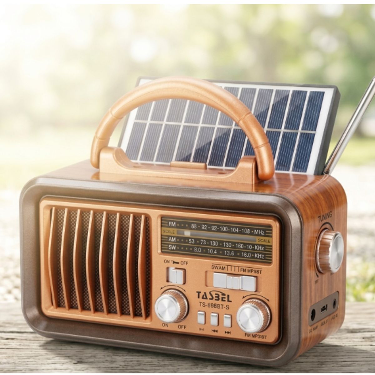 TASBEL - Radio Retro Tasbel TS-898BT-S AM FM SW Solar Bluetooth MP3 Bateria Recargable Linterna Portatil