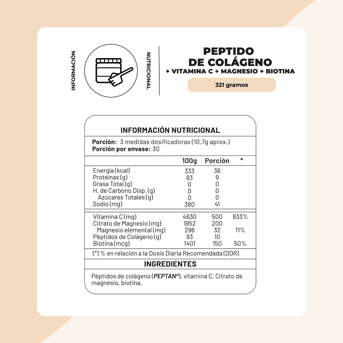 KARUNLIFE - Péptidos de Colágeno + Biotina + Vitamina C + Magnesio en polvo sin sabor 325 g Karun Life