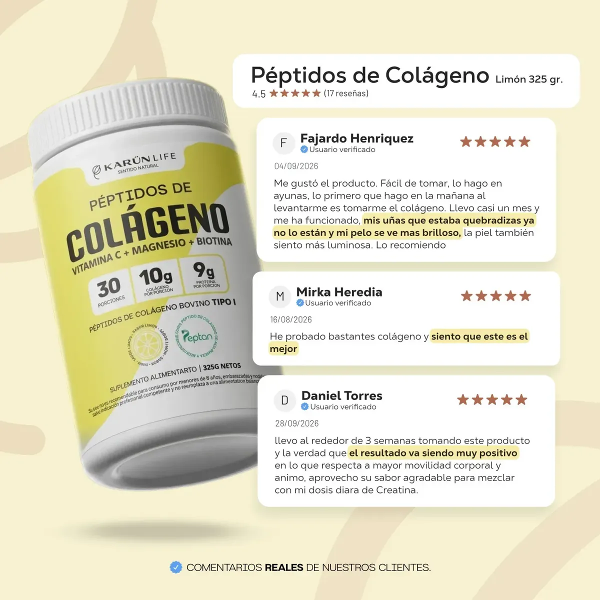 KARUNLIFE - Peptidos de Colageno + Biotina + Vitamina C + Magnesio en polvo sabor limón 325 g Karun Life