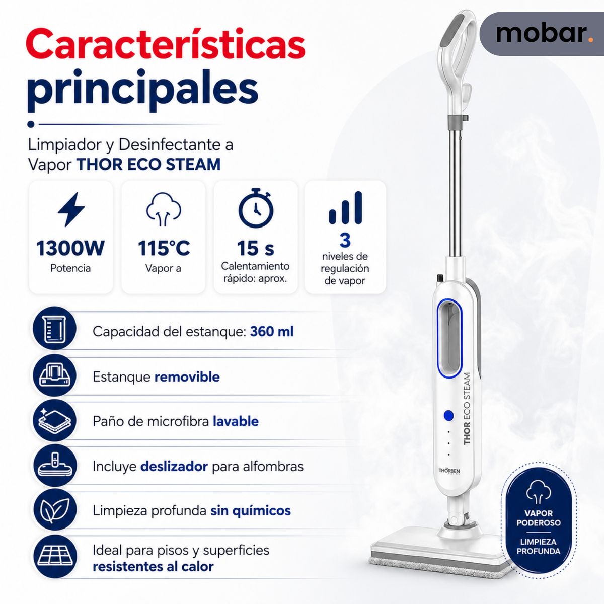 THORBEN - Limpiador Desinfectante Mopa A Vapor Thorben Thor Eco Steam