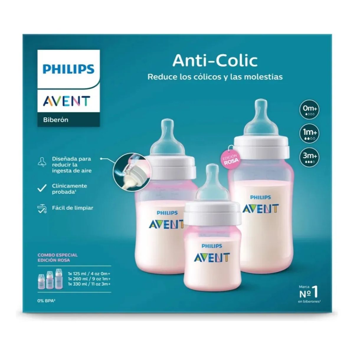 AVENT - Set 3 Mamaderas Anticólicos Philips Avent Rosa 125ml 260ml 330ml
