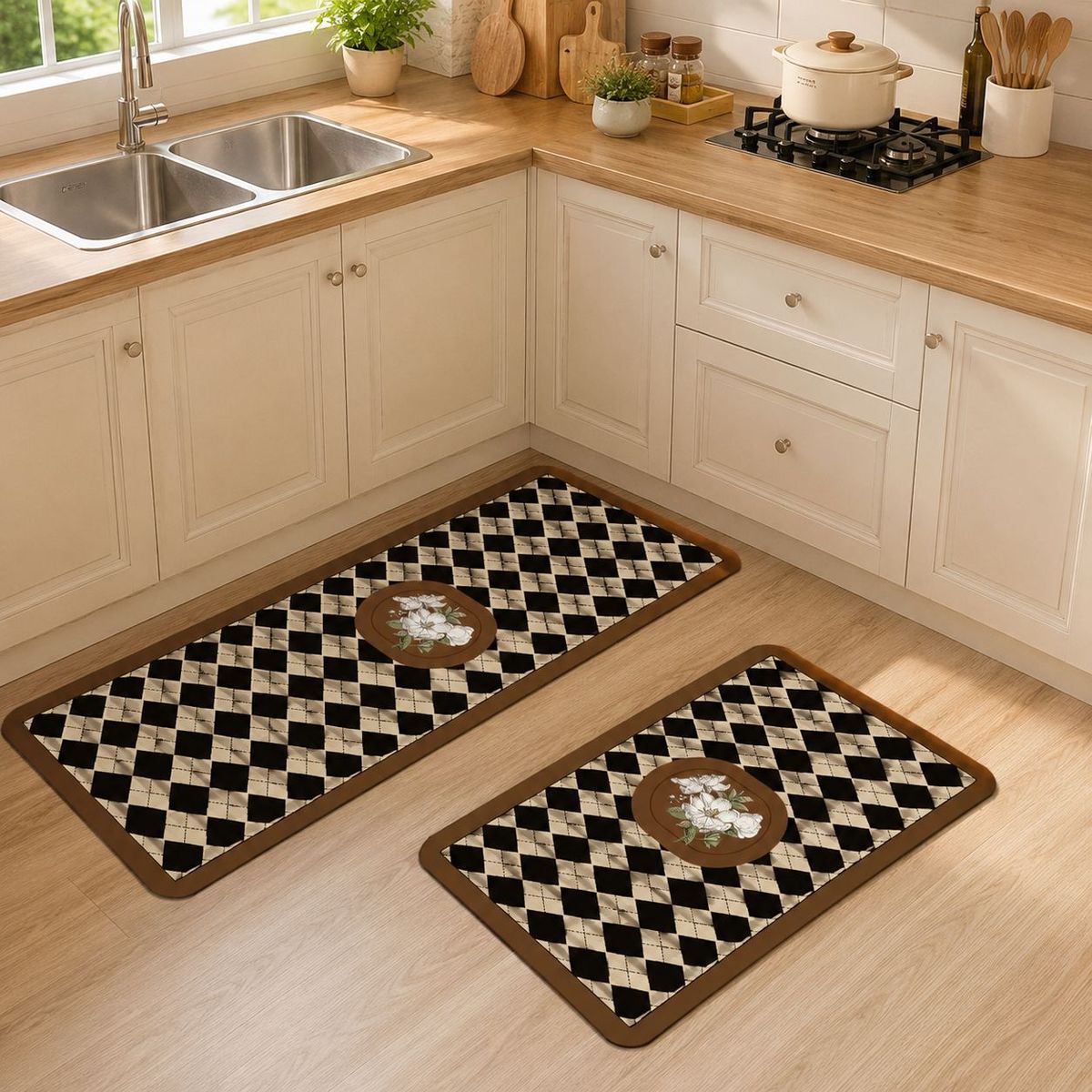 GENERICO - Set 2 Alfombras de Cocina Antideslizantes Diseño Cuadros