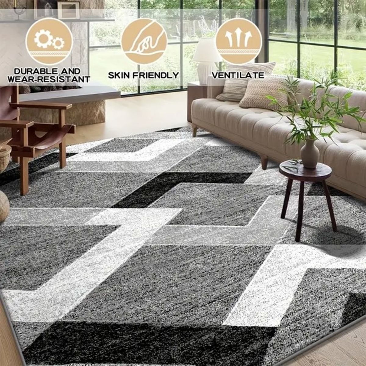 GENERICO - ALFOMBRA  200X240CM ANTIDESLIZANTE COLOR GRIS CON DISEÑO GEOMETRICO GS