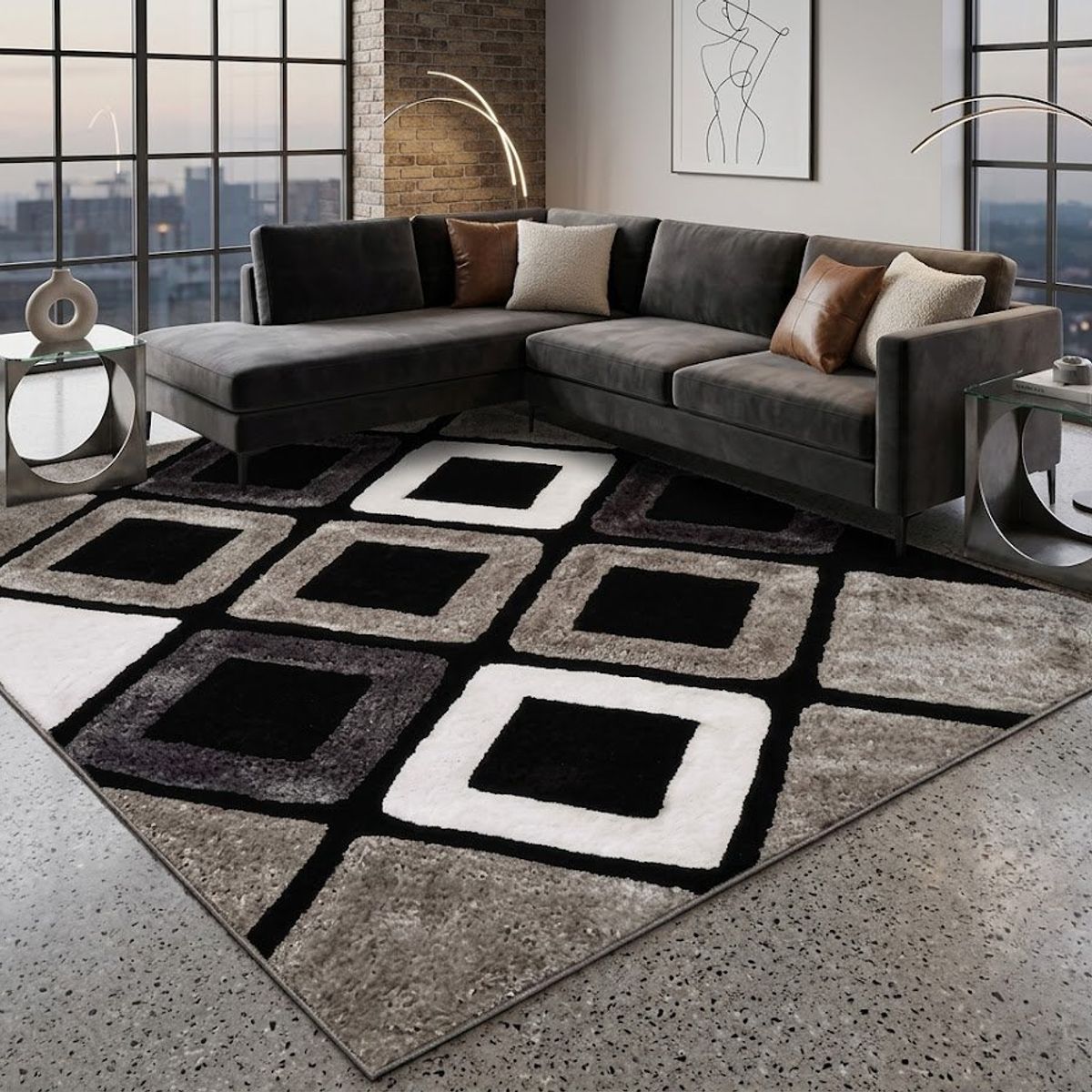 GENERICO - ALFOMBRA  200X240CM ANTIDESLIZANTE CON DISEÑO CUADRO CAFE NEGRO GS