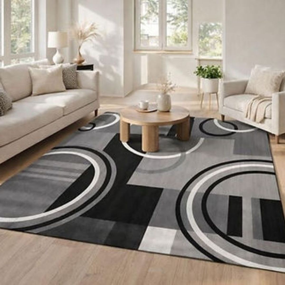GENERICO - ALFOMBRA  200X240CM ANTIDESLIZANTE COLOR GRIS CON DISEÑO CIRCULOS GS