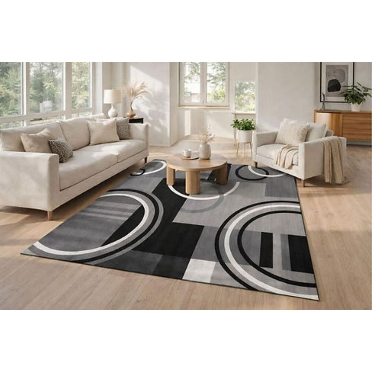 GENERICO - ALFOMBRA  200X240CM ANTIDESLIZANTE COLOR GRIS CON DISEÑO CIRCULOS GS