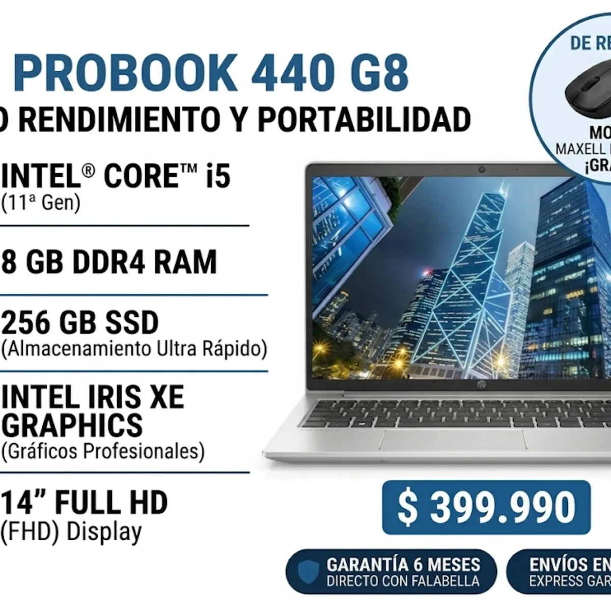HP - Notebook Reacondicionado HP Intel Core i5-11Th Gen 8Gb Ram 256Gb SSD Windows 11 Pro Garantia 6 Meses