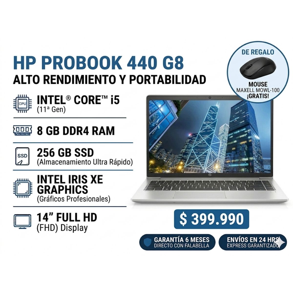 HP - Notebook Reacondicionado HP Intel Core i5-11Th Gen 8Gb Ram 256Gb SSD Windows 11 Pro Garantia 6 Meses