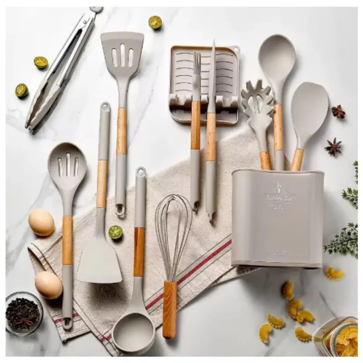 GENERICO - Utensilios cocina madera y silicona  Color Gris