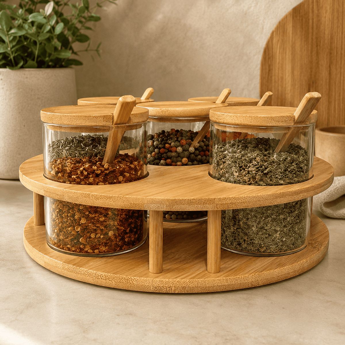 GENERICO - Especiero giratorio de bambú 360° con frascos de vidrio de 280 ml