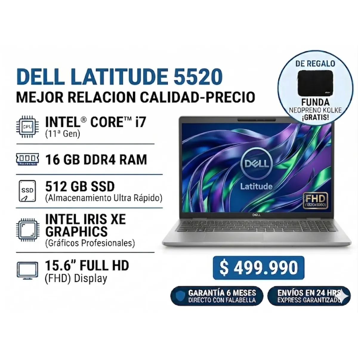 DELL - Notebook Reacondicionado Dell Intel Core i7 11va Gen 16GB RAM 512GB SSD Win11 Pro Garantía 6 Meses