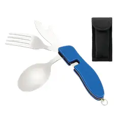 GENERICO - Set Cubiertos Plegables 4 en 1 Camping Cuchillo Tenedor Cuchara Acero INOX Outdoor Azul